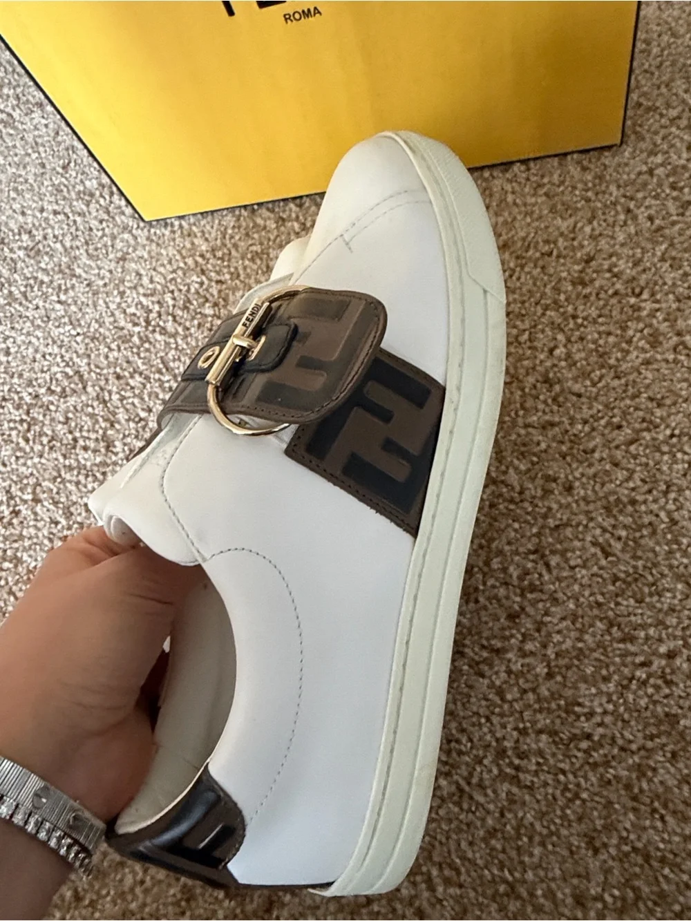 Fendi  White Sneakers with Brown FF Buckle Strap and Gold Hardware
